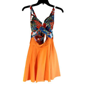 B2prity Skirt Blouson Tankini Swimsuit Women Large Orange Tropical Tie Back